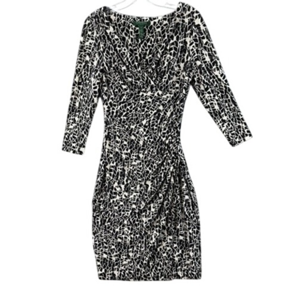 Lauren Ralph Lauren Dress Womens 2 Black White Ruched V-Neck Faux Wrap